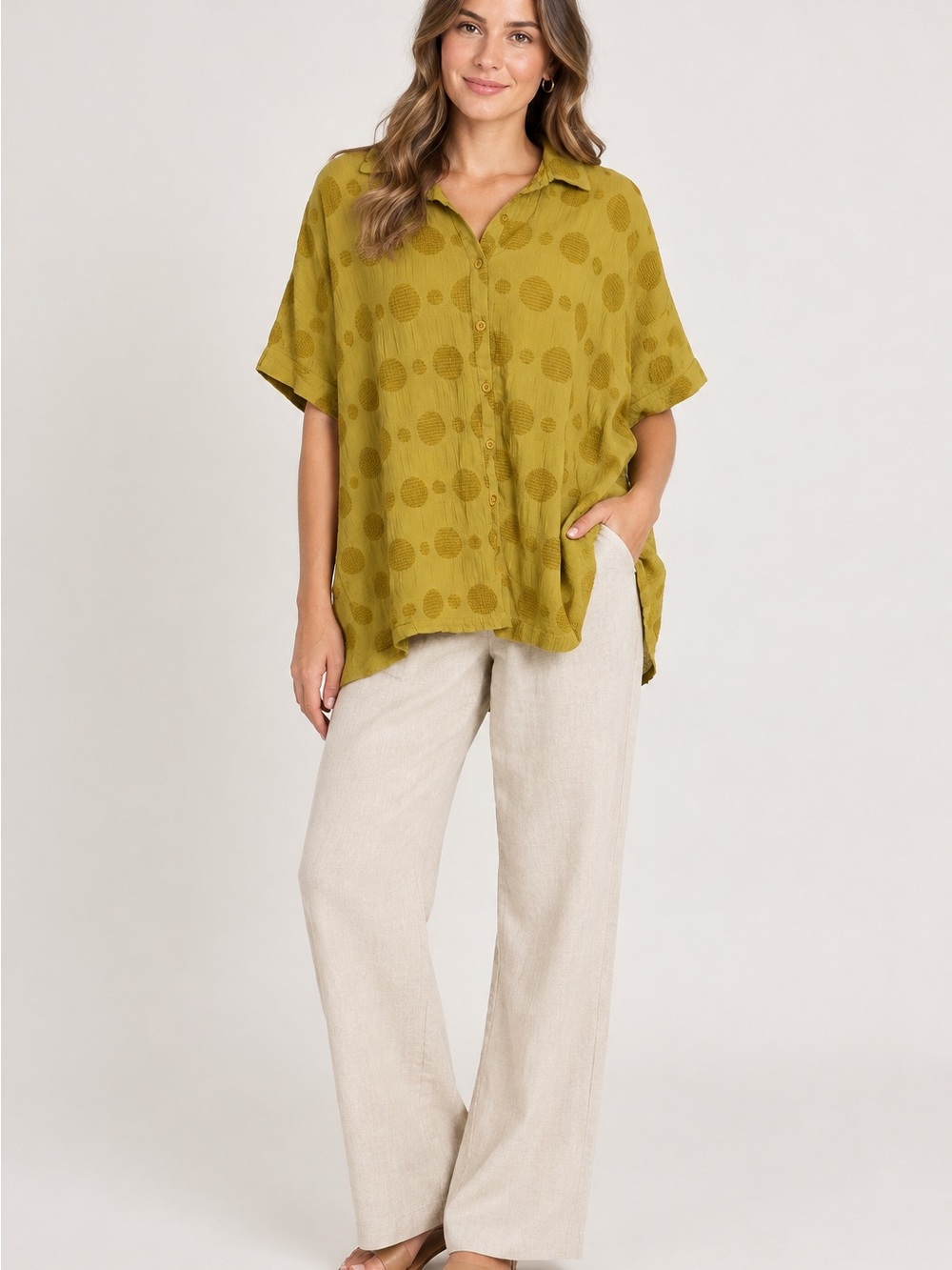 Umgee PLUS Jacquard Collared Button-Up Shirt - Golden Kiwi Size XL